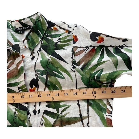 NEW Boho Chic 100% Linen Palm/Floral Print Collared 3/4 Sleeves Tunic Top. Sz. S - Picture 9 of 14